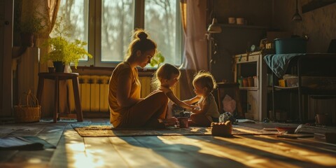 A woman and two children sitting on the floor in a room. Generative AI.