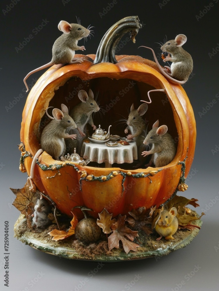 Poster a pumpkin with mice inside and a mouse on top. generative ai.