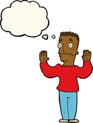 cartoon man surrendering with thought bubble