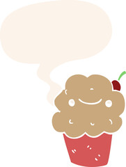 cartoon cupcake and speech bubble in retro style