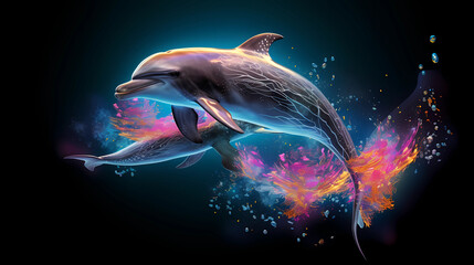 Dolphin Animal Plexus Neon Black Background Digital Desktop Wallpaper HD 4k Network Light Glowing Laser Motion Bright Abstract	 - obrazy, fototapety, plakaty