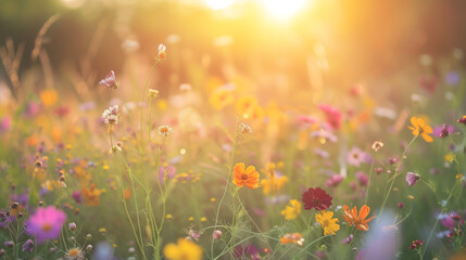 Wide field of wildflowers in summer sunset, panorama blur background. Autumn or summer wildflowers background. Shallow depth of field
