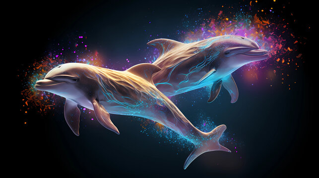 Dolphin Animal Plexus Neon Black Background Digital Desktop Wallpaper HD 4k Network Light Glowing Laser Motion Bright Abstract	