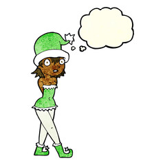 cartoon woman in christmas elf costume with thought bubble