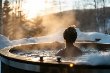 A woman sitting in a hot tub with steam coming out of it. Generative AI. - obrazy, fototapety, plakaty