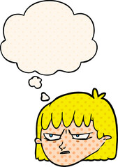 cartoon angry woman and thought bubble in comic book style