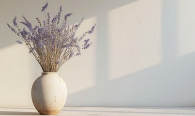 Vase with lavender flowers on table in room, closeup