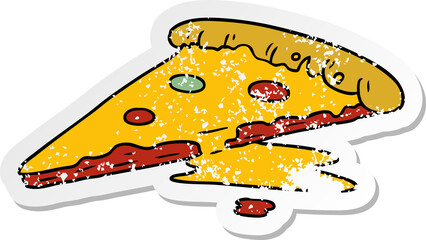distressed sticker cartoon doodle of a slice of pizza