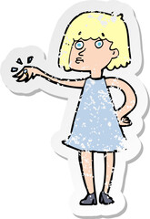 retro distressed sticker of a cartoon woman showing off engagement ring