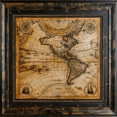 Vintage Framed World Map Showpiece with Detailed Cartography, Nautical Compasses and Latitude Longitude Lines