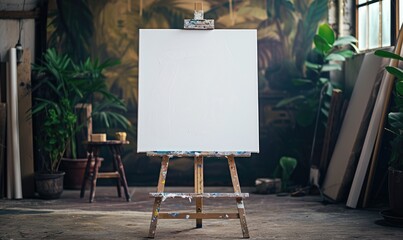 An easel with a blank white canvas in an art studio