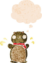 cartoon happy teddy bear and thought bubble in retro textured style