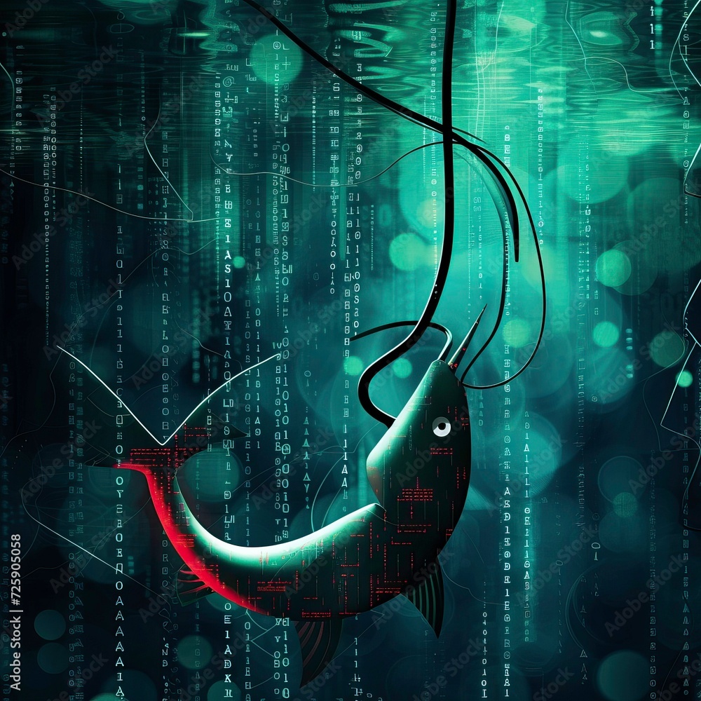 Sticker cyber phishing concept illustration with hook and binary code