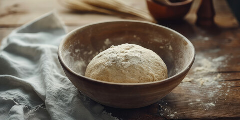 Fototapeta na wymiar Artisanal Yeast Dough, copy space. A close-up image of freshly kneaded yeast dough resting in a bowl, ready for baking, set on a kitchen countertop.