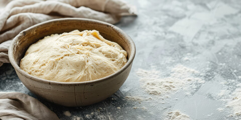 Artisanal Yeast Dough, copy space. A close-up image of freshly kneaded yeast dough resting in a bowl, ready for baking, set on a kitchen countertop.