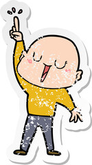 distressed sticker of a happy cartoon bald man