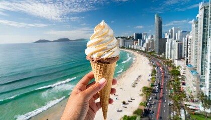 Mão segurando um cone de sorvete e ao fundo uma paisagem tropical urbana - obrazy, fototapety, plakaty