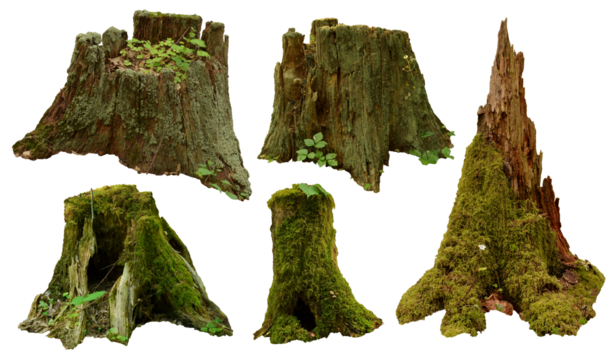 Stump PNG set. Old mossy stumps isolated