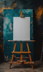 An easel with a blank white canvas in an art studio