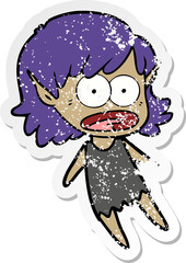 distressed sticker of a cartoon shocked elf girl flying