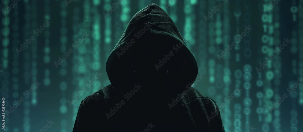 Poster silhouetted male hacker in hoodie with animated computer code backdrop.