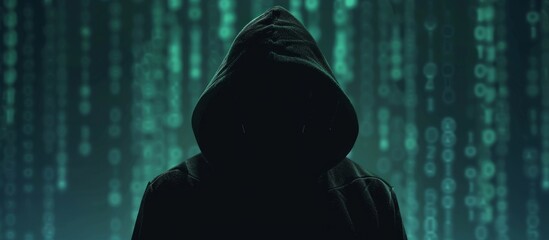 Silhouetted male hacker in hoodie with animated computer code backdrop.
