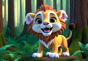 Fototapeta premium Tiny cute character a Lion on the magic forest, Generated AI
