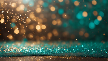 Turquoise and Bronze Abstract Glitter Celebration Bokeh Background.