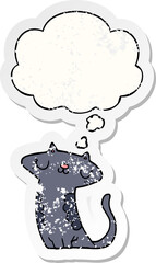 cartoon cat and thought bubble as a distressed worn sticker