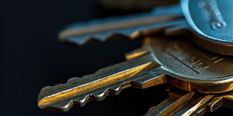 Macro Shot of Key, Background with copy space. Close-up image of a detailed metallic key with intricate cuts and grooves.