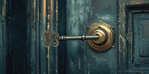 Fototapeta premium Macro Shot of Key, Background with copy space. Close-up image of a detailed metallic key with intricate cuts and grooves.