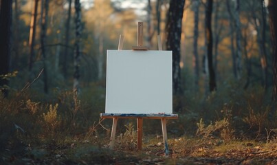 Wooden easel with blank canvas standing in the autumn forest.