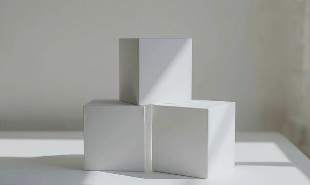 Stack of cardboard boxes in white room with sunlight. Space for text. Box mockup on white