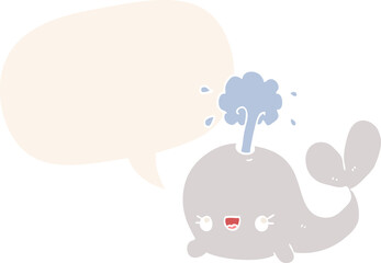 cute cartoon whale and speech bubble in retro style