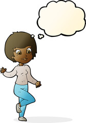 cartoon woman waving with thought bubble