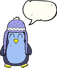 comic book speech bubble cartoon penguin wearing hat