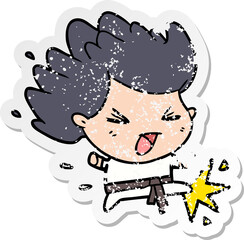 distressed sticker of a cartoon kicking karate champ