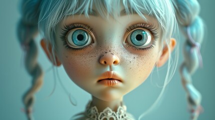 Close-Up of Cartoon Girl with Big Blue Shiny Eyes
