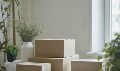 Stack of cardboard boxes in white room with sunlight. Space for text. Box mockup on white
