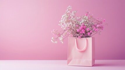 Pink Flowers Arranged in a Paper Gift Bag on a Pastel Background