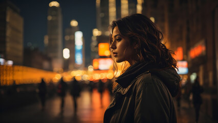 Silhouette of a woman against the backdrop of city lights, navigating the urban landscape with caution.