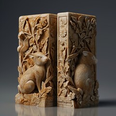 Exquisite Hand-Carved Wooden Showpiece Featuring Detailed Rabbits Amidst Lush Foliage and Flowers
