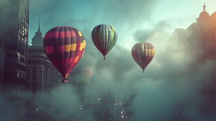 Fototapeta na wymiar A Group of Hot Air Balloons Flying Over a City