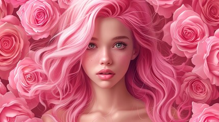 Woman With Pink Hair Standing in Front of Roses Flowers