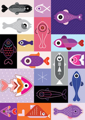 Pop art vector collage of images of various fish. Vertical cover template, aspect ratio 5 to 7 (A1, A2, A3, A4, A5, etc.). Each one of the design element created on a separate layer.