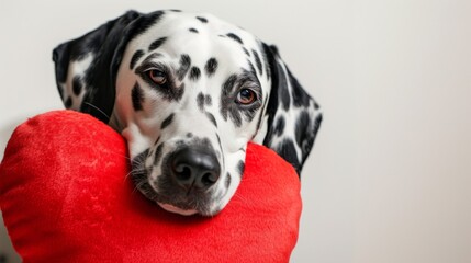 Dalmatian Dog Holding Red Heart Pillow
