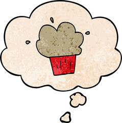 cartoon muffin and thought bubble in grunge texture pattern style