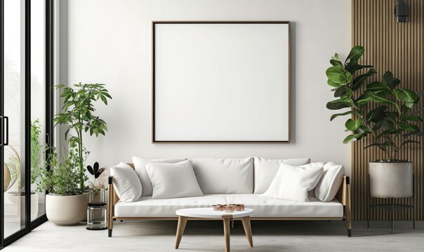 Living room interior with white sofa, coffee table, coffee table and horizontal mock up poster frame.