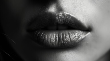 Close-Up of a Woman's Lips in Black and White, Highlighting Texture and Shape