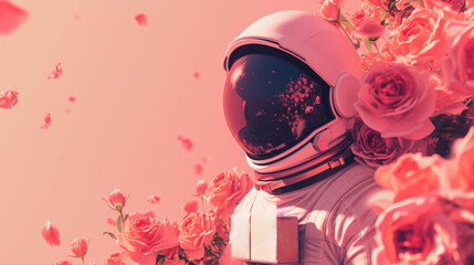 Astronaut in Space Suit Surrounded by Pink Roses Flowers